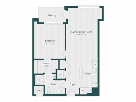 Floor plan for 1 bed, 1 bath, 726 sqft