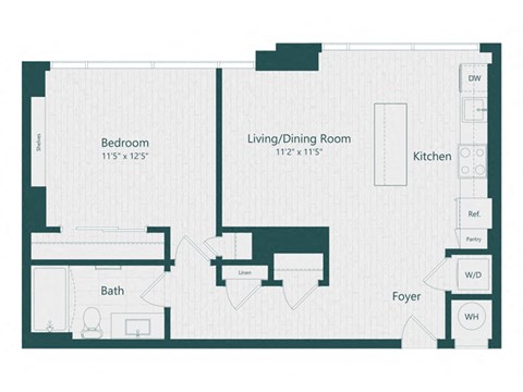 Floor plan for 1 bed, 1 bath, 747 sqft