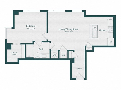 Floor plan for 1 bed, 1 bath, 755 sqft