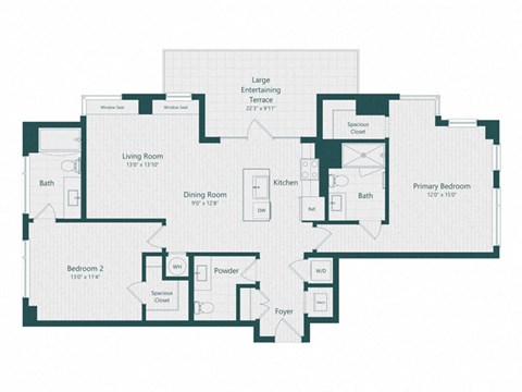Floor plan for 2 beds, 2.5 baths, 1216 sqft