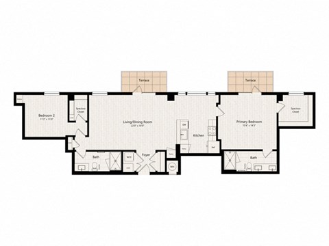 Floor plan for 2 beds, 2 baths, 1217 sqft