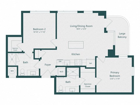 Floor plan for 2 beds, 2 baths, 938 sqft