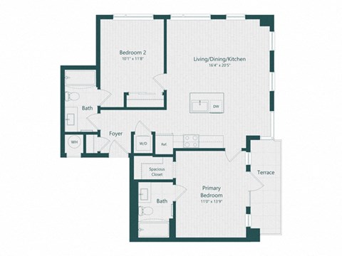 Floor plan for 2 beds, 2 baths, 942 sqft