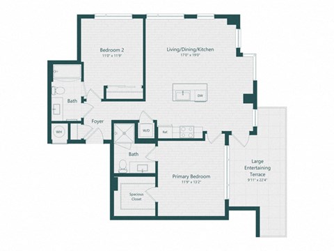 Floor plan for 2 beds, 2 baths, 1010 sqft