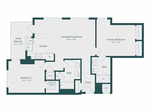 Floor plan for 2 beds, 2 baths, 1045 sqft
