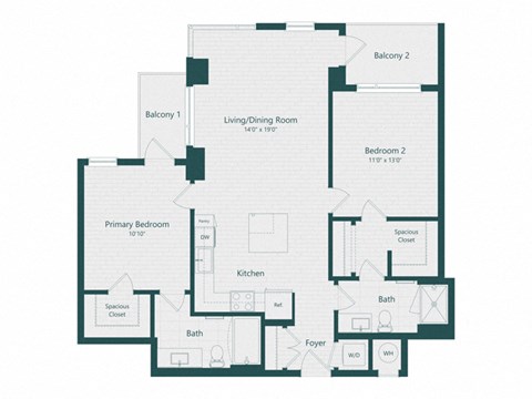 Floor plan for 2 beds, 2 baths, 1095 sqft