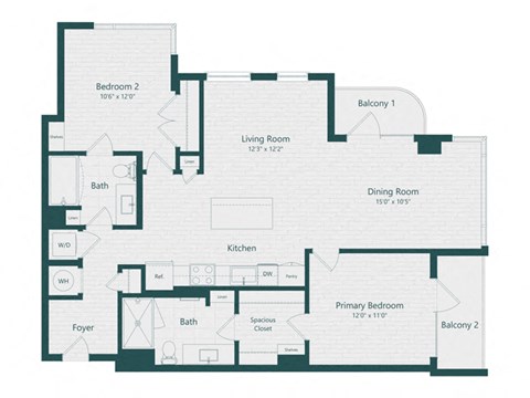 Floor plan for 2 beds, 2 baths, 1152 sqft