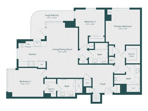 Floor plan for 3 beds, 3 baths, 1457 sqft