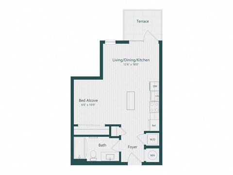 Floor plan for studio, 1 bath, 484 sqft
