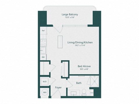 Floor plan for studio, 1 bath, 491 sqft
