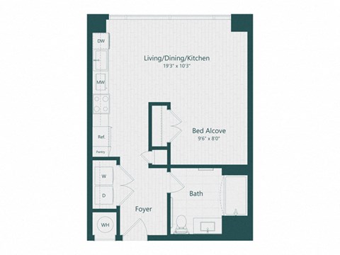 Floor plan for studio, 1 bath, 556 sqft