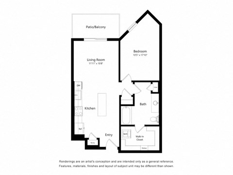 Floor plan for 1 bed, 1 bath, 748 sqft