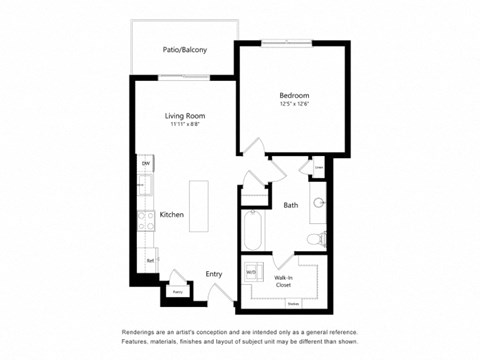 Floor plan for 1 bed, 1 bath, 723 sqft