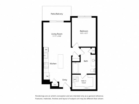 Floor plan for 1 bed, 1 bath, 722 sqft