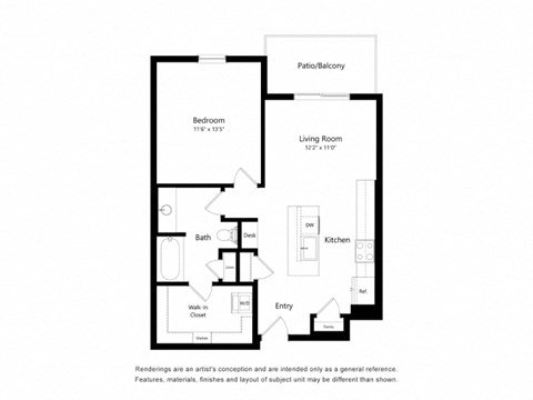 Floor plan for 1 bed, 1 bath, 741 sqft