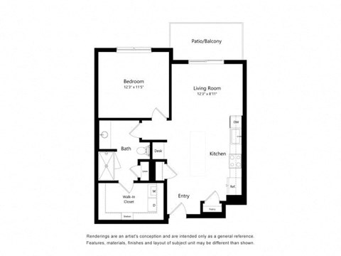 Floor plan for 1 bed, 1 bath, 736 sqft