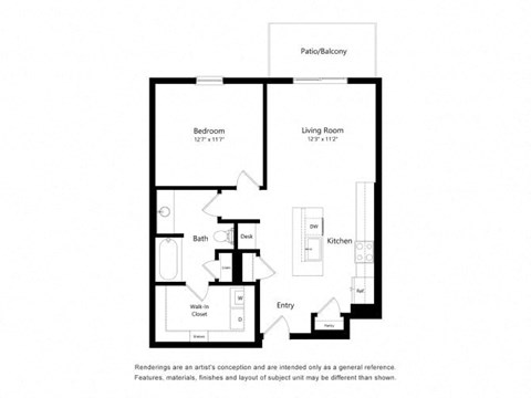 Floor plan for 1 bed, 1 bath, 763 sqft