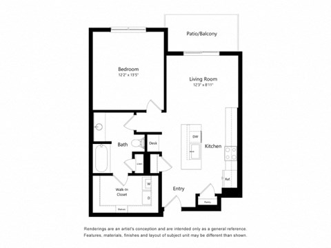 Floor plan for 1 bed, 1 bath, 762 sqft