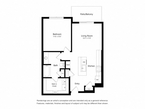 Floor plan for 1 bed, 1 bath, 768 sqft