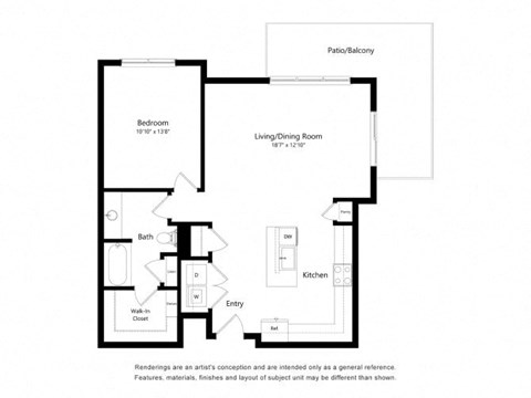 Floor plan for 1 bed, 1 bath, 914 sqft