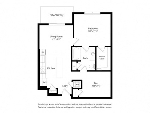 Floor plan for 1 bed, 1 bath, 821 sqft