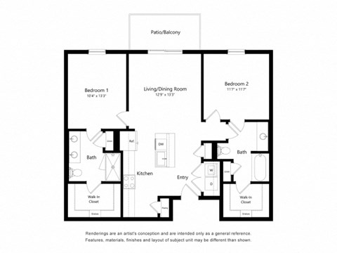 Floor plan for 2 beds, 2 baths, 1079 sqft
