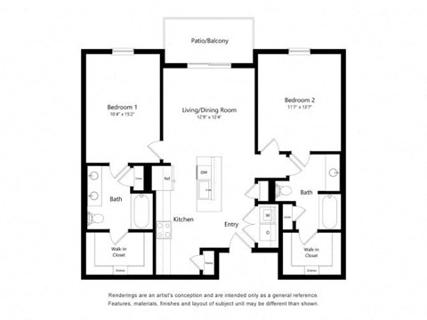 Floor plan for 2 beds, 2 baths, 1127 sqft