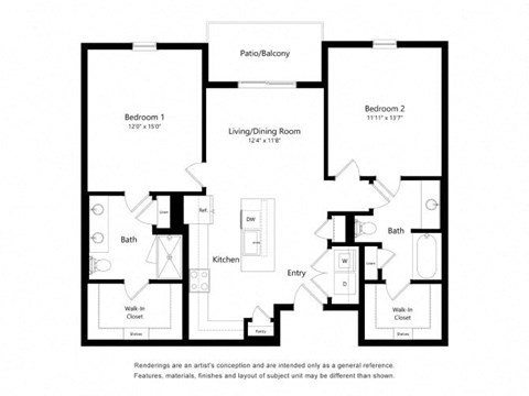 Floor plan for 2 beds, 2 baths, 1166 sqft