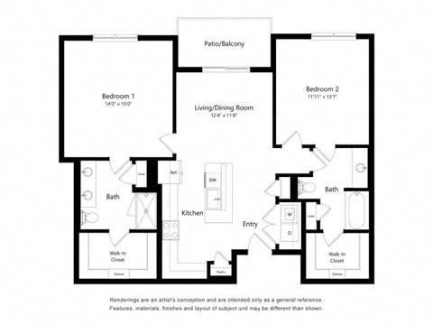 Floor plan for 2 beds, 2 baths, 1198 sqft