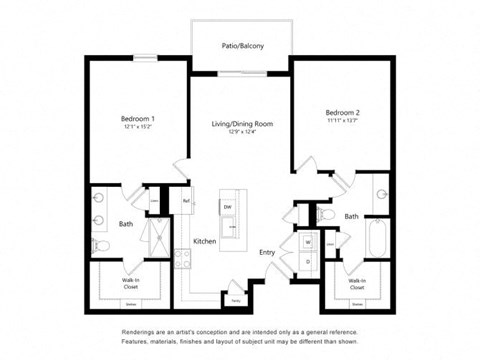 Floor plan for 2 beds, 2 baths, 1192 sqft