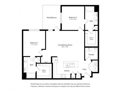 Floor plan for 2 beds, 2.5 baths, 1304 sqft