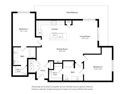 Floor plan for 2 beds, 2 baths, 1271 sqft