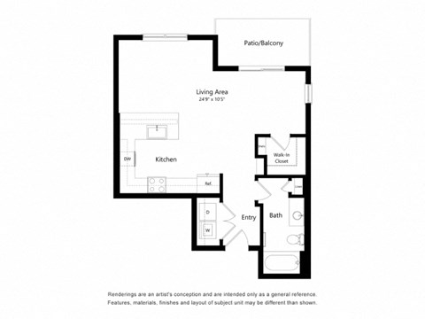 Floor plan for studio, 1 bath, 662 sqft