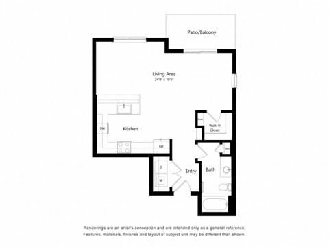 Floor plan for studio, 1 bath, 672 sqft