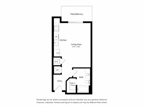 Floor plan for studio, 1 bath, 490 sqft