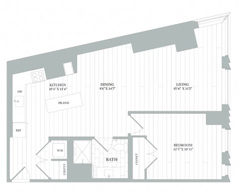 Floor plan for 1 bed, 1 bath, 862 sqft