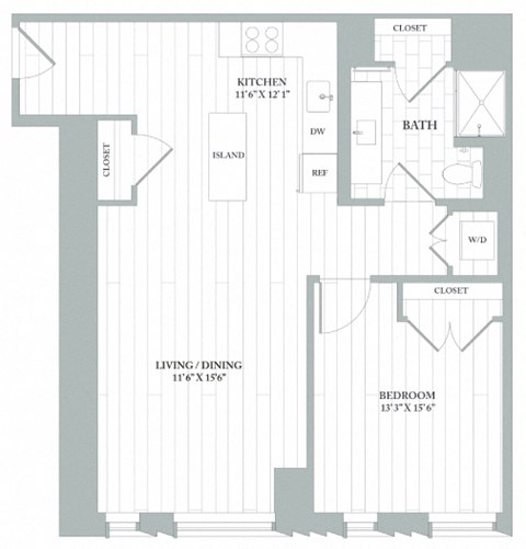 Floor plan for 1 bed, 1 bath, 817 sqft
