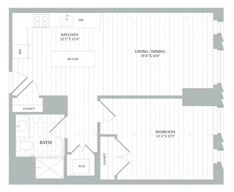 Floor plan for 1 bed, 1 bath, 690 sqft
