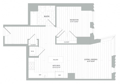 Floor plan for 1 bed, 1 bath, 729 sqft