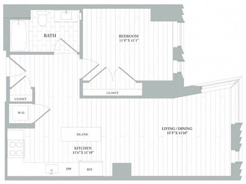 Floor plan for 1 bed, 1 bath, 729 sqft
