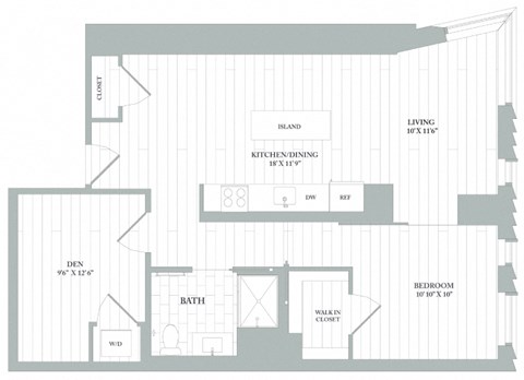 Floor plan for 1 bed, 1 bath, 855 sqft