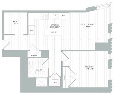 Floor plan for 1 bed, 1 bath, 859 sqft