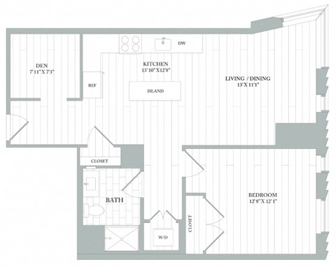 Floor plan for 1 bed, 1 bath, 855 sqft
