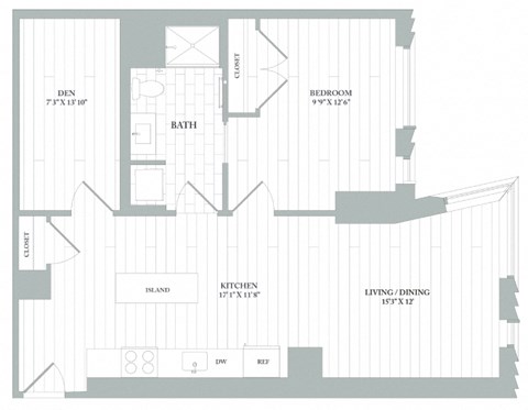 Floor plan for 1 bed, 1 bath, 870 sqft