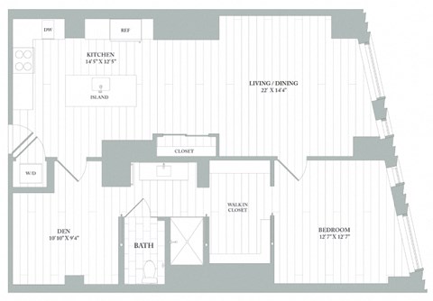 Floor plan for 1 bed, 1 bath, 1106 sqft