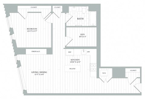 Floor plan for 1 bed, 1 bath, 923 sqft