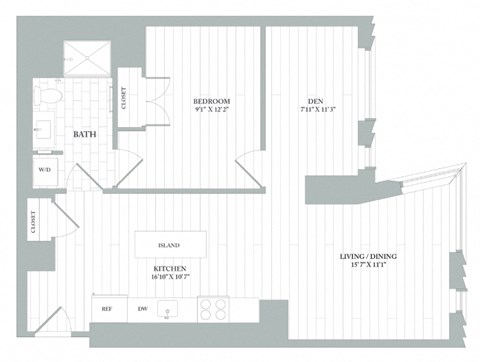 Floor plan for 1 bed, 1 bath, 836 sqft