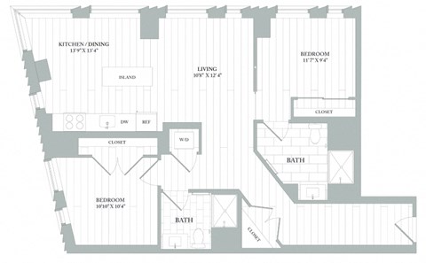 Floor plan for 2 beds, 2 baths, 1101 sqft