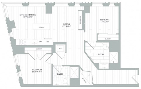Floor plan for 2 beds, 2 baths, 1103 sqft