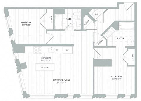 Floor plan for 2 beds, 2 baths, 1083 sqft